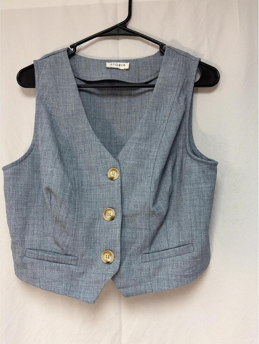 STORIA Women's Size L Blue-Gray Tailored Button Front Vest